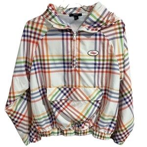 Forever 21 Tokyo Retro Windbreaker Jacket Hood Size Small Rainbow Skater Pride